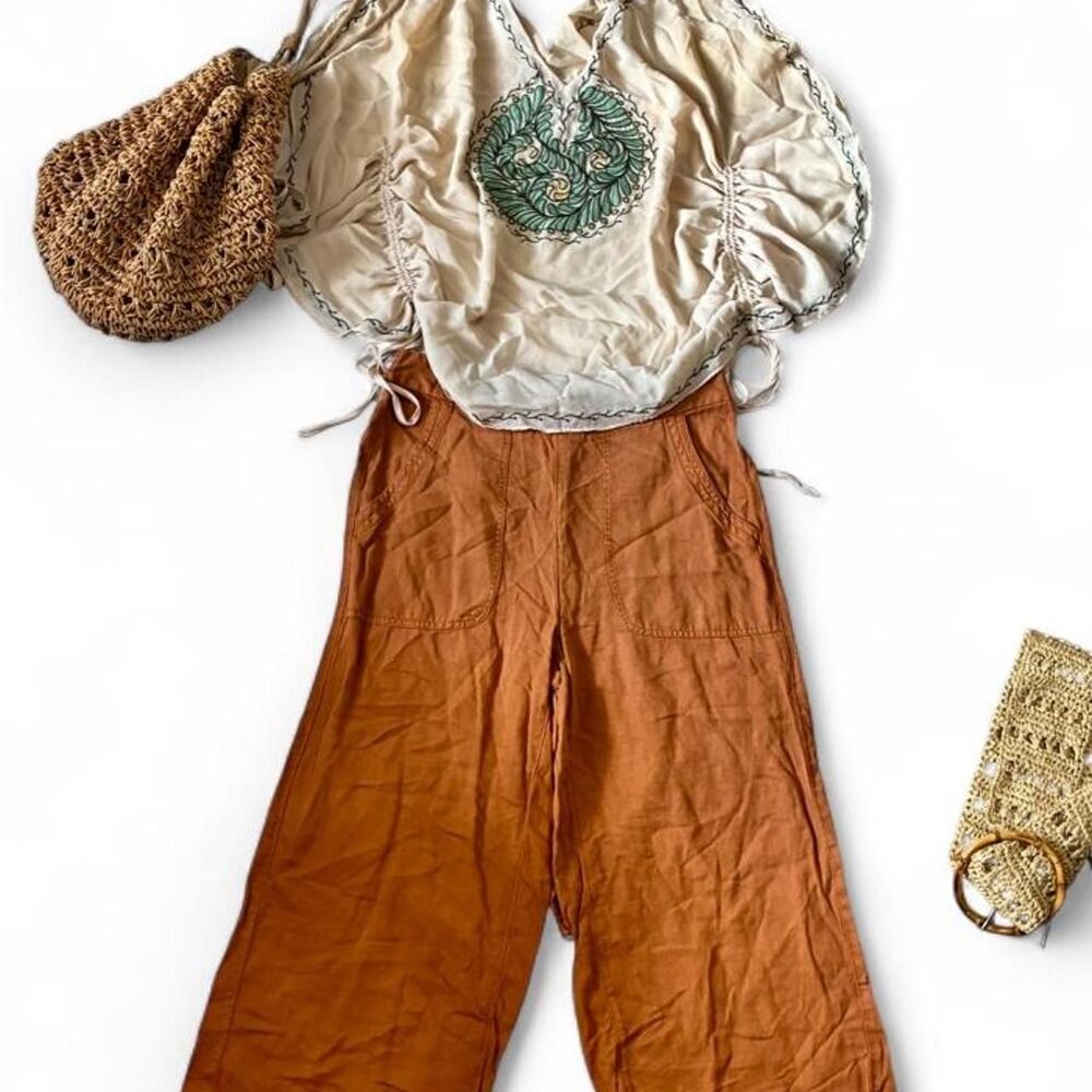 Arden B Boho Eclectic Flowy Cream top with Green Embroidered Chest